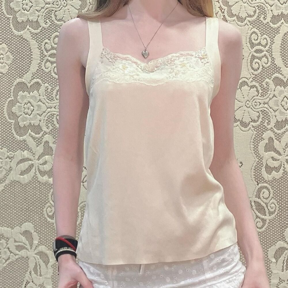 Vintage 90s Talbots Cream Lace Silk Blend Cami with Floral Embroidery & Beading